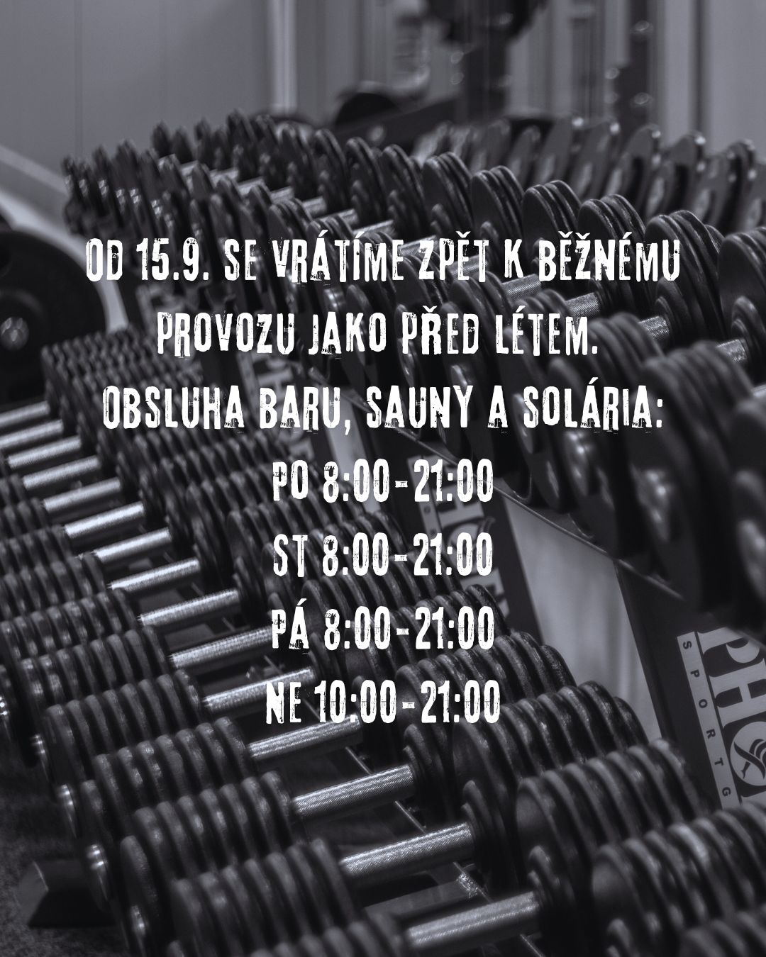 Od 15.9. se vrátíme zpět k běžnému provozu jako před létem. Obsluha baru sauny a solária Po 800 2100 St 800 2100 Pá 800 2100 Ne 1000 2100