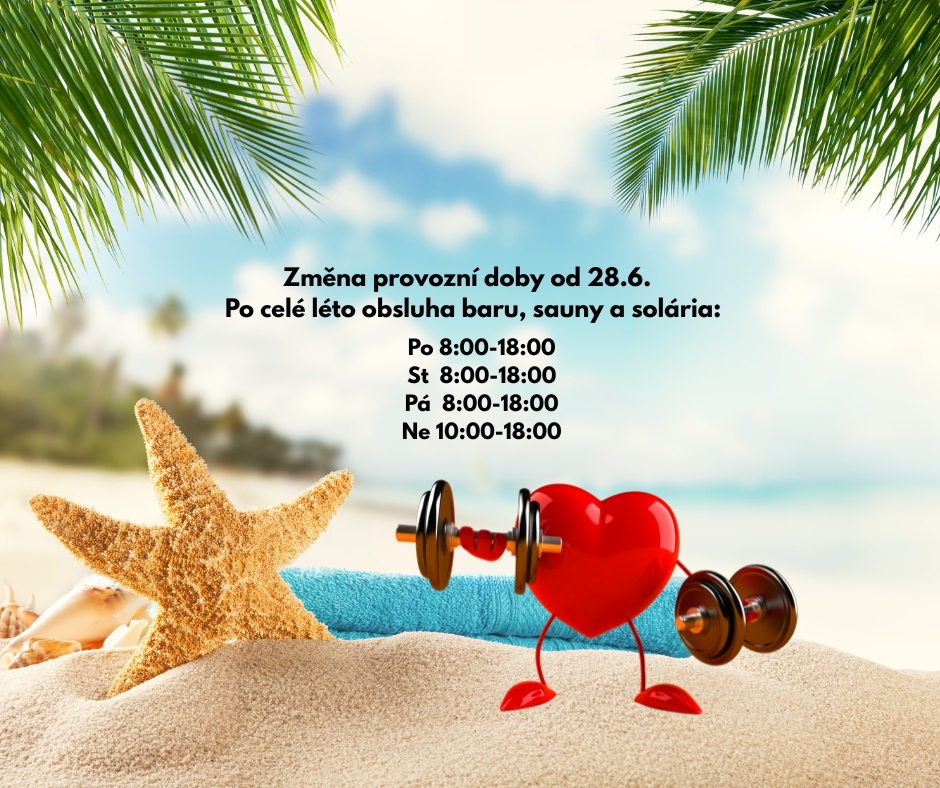 Změna provozní doby od 30.6. Po celé léto obsluha baru sauny a solária Po 800 1900 St 800 1900 Pá 800 1900 Ne 1000 1900