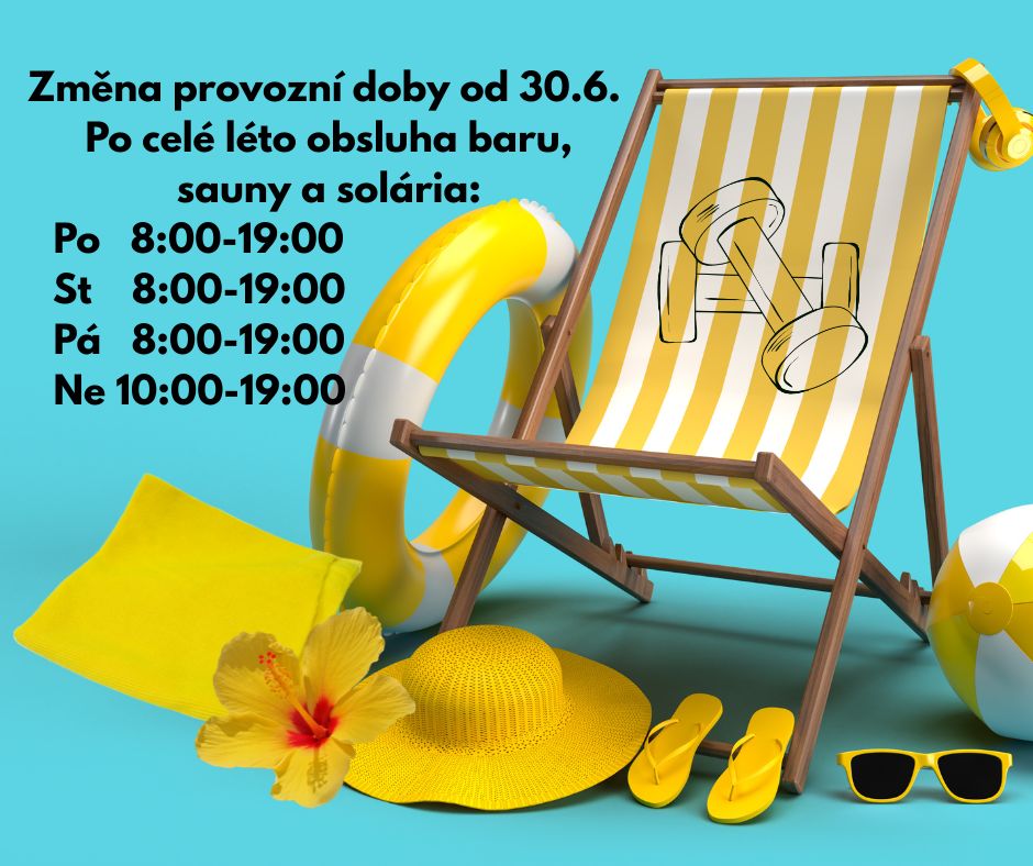 Změna provozní doby od 30.6. Po celé léto obsluha baru sauny a solária Po 800 1900 St 800 1900 Pá 800 1900 Ne 1000 1900 1